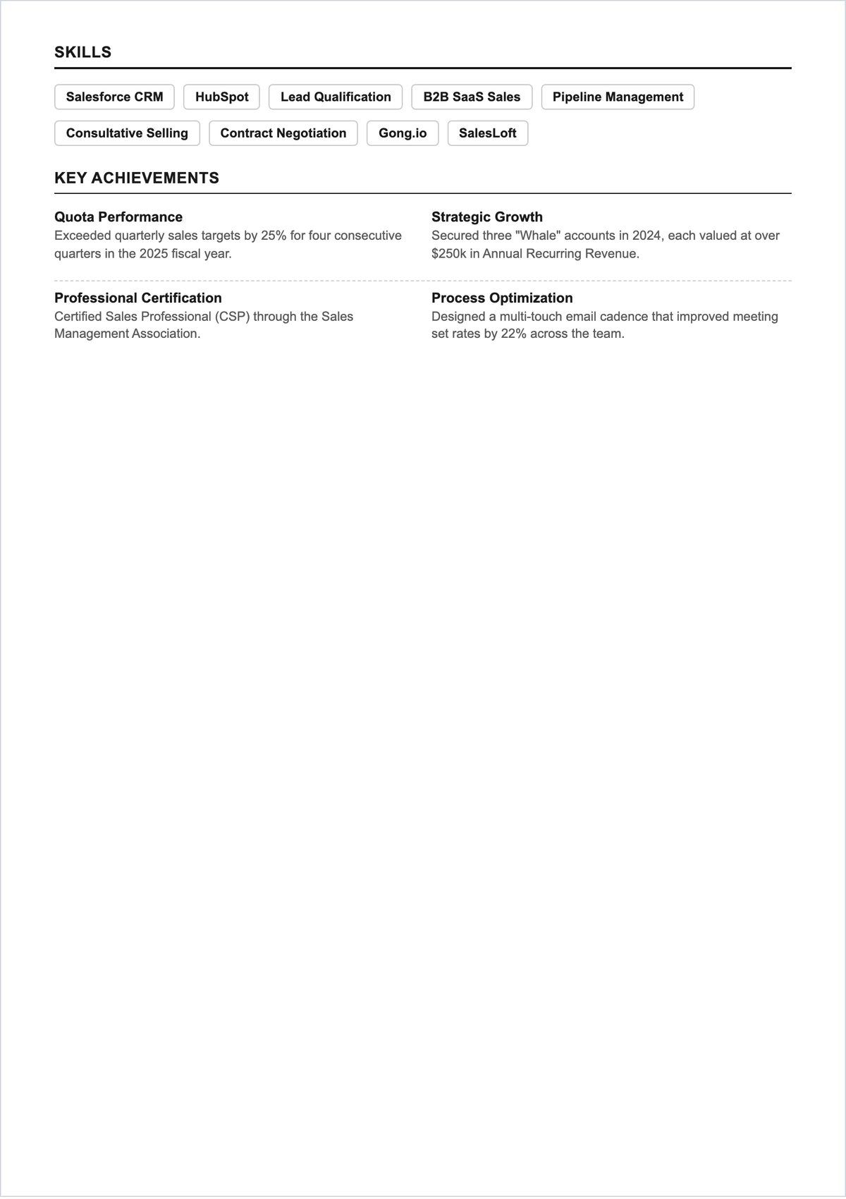 Free Inside Sales Executive ATS Resume Template, AI Resume Builder