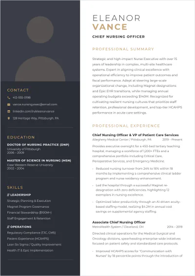 Free Nurse Executive ATS Resume Template, AI Resume Builder
