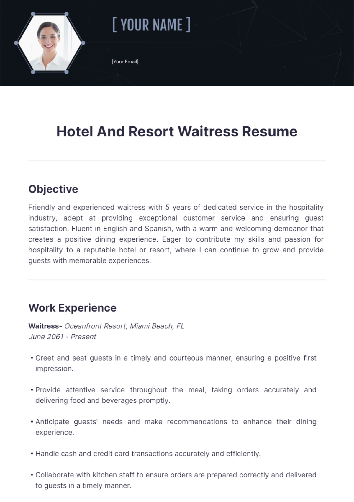 Hotel And Resort Waitress Resume - Edit Online & Download