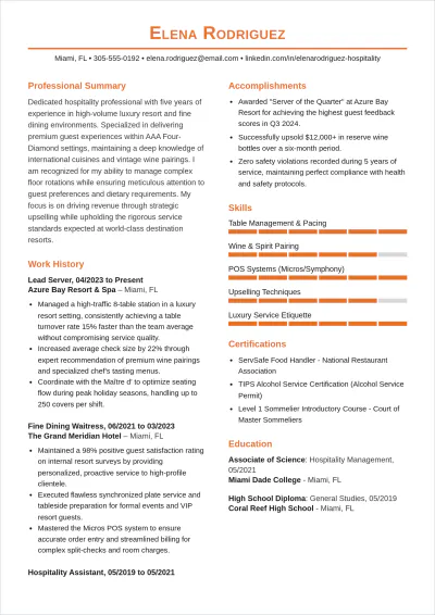 Free Hotel And Resort Waitress ATS Resume Template, AI Resume Builder