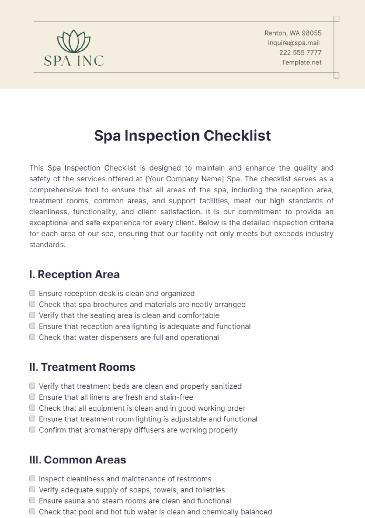 Spa Inspection Checklist Template - Edit Online & Download