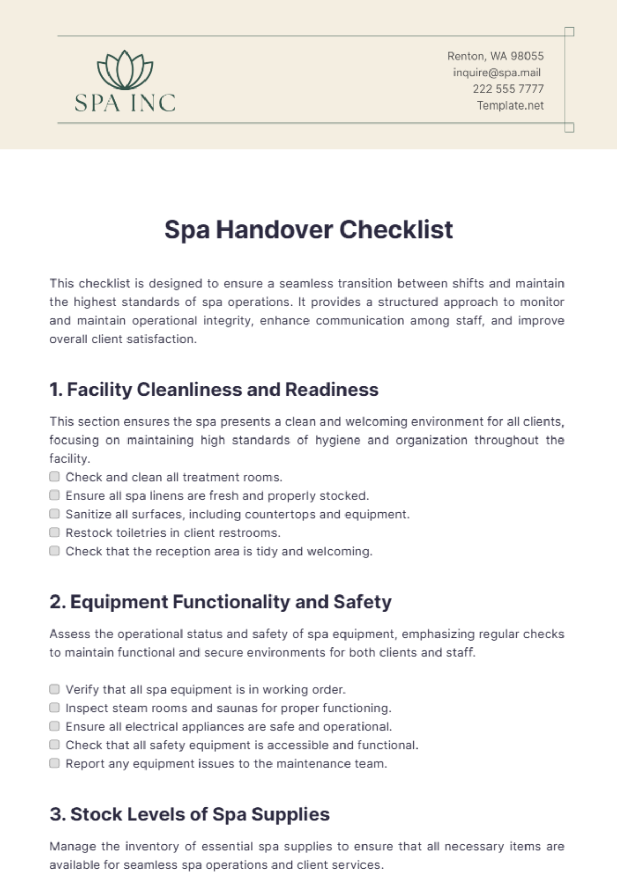 Spa Handover Checklist Template - Edit Online & Download