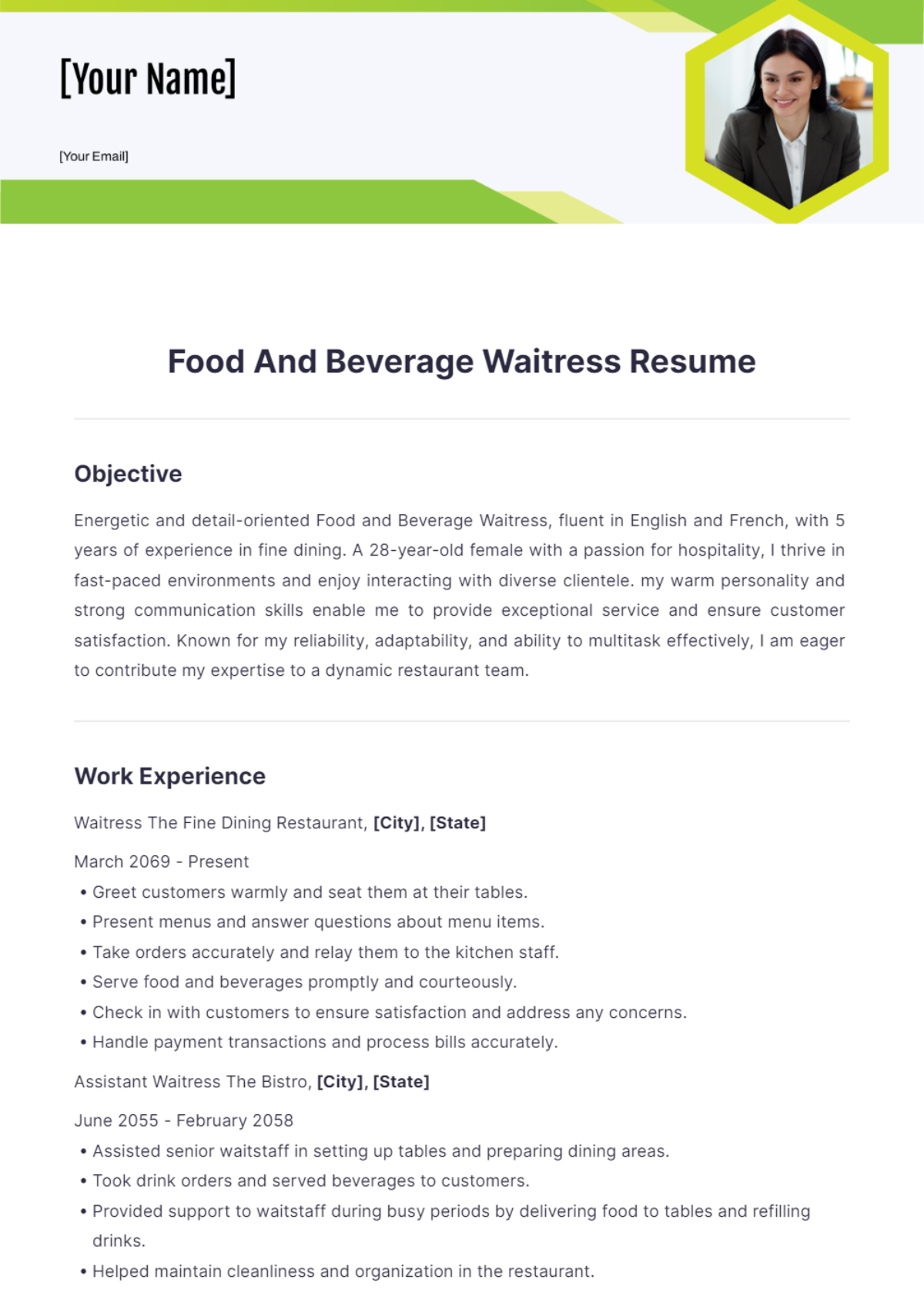 Food And Beverage Waitress Resume - Edit Online & Download