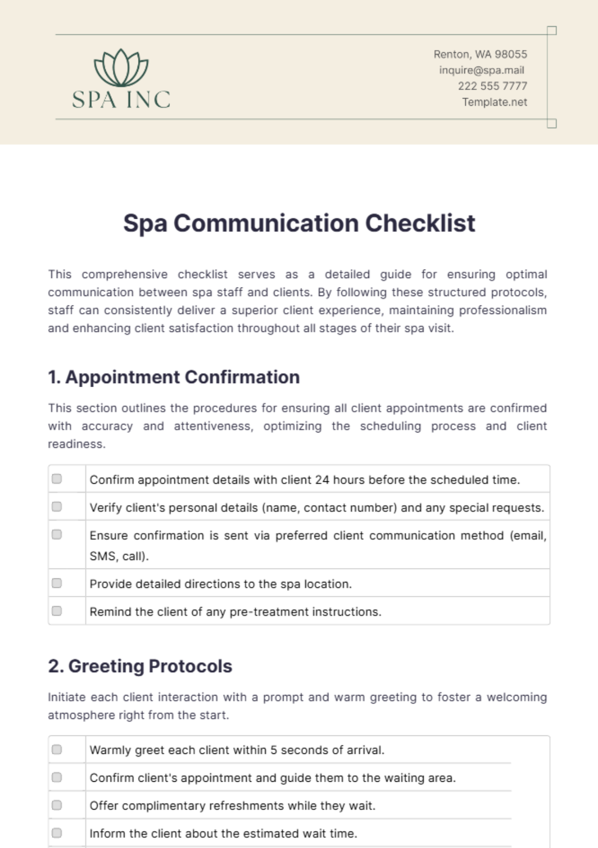 Spa Communication Checklist Template - Edit Online & Download