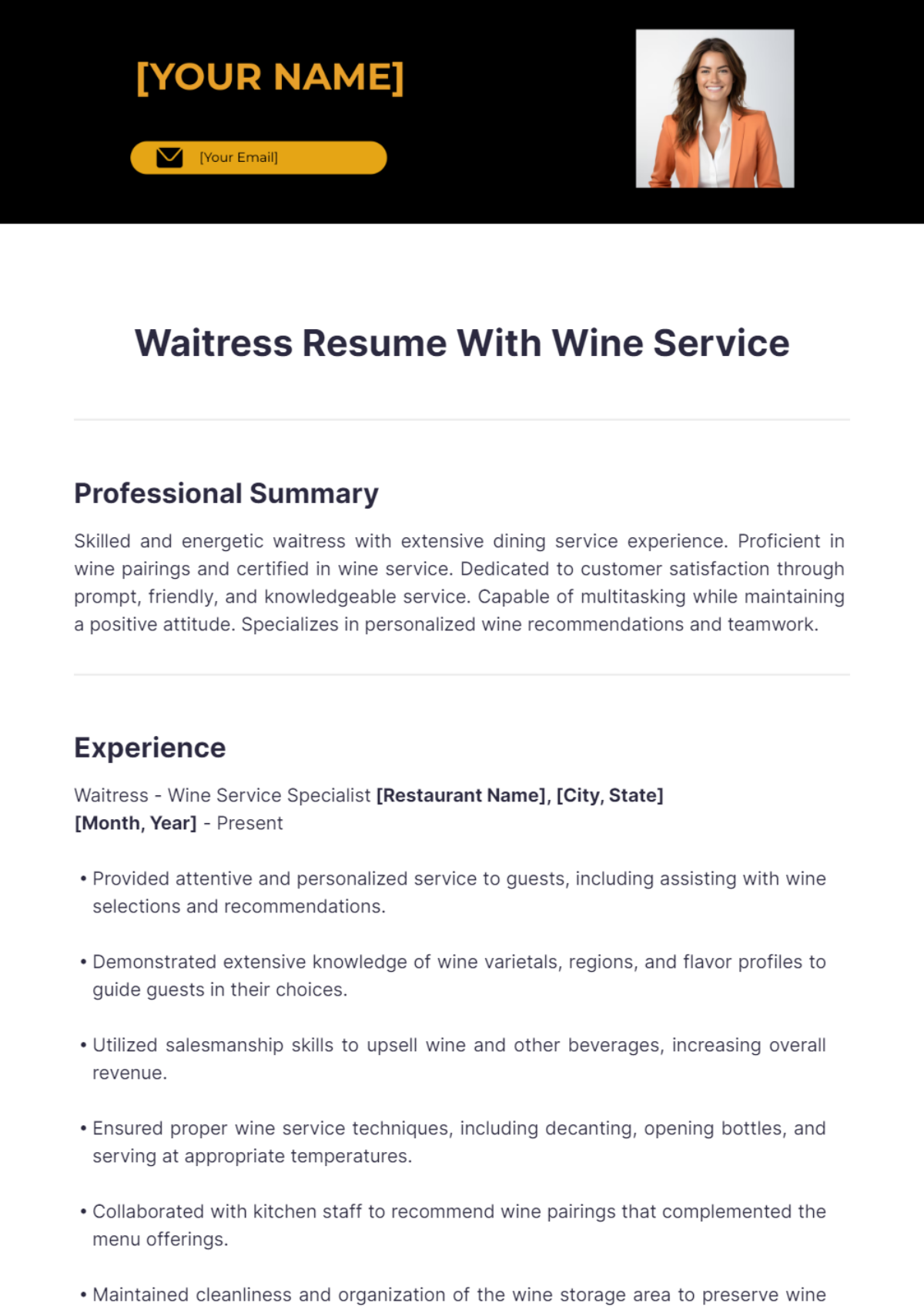 Free Waitress Resume With Wine Service Template - Edit Online ...