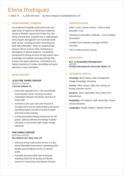 Free Waitress ATS Resume With Wine Service Template, AI Resume Builder