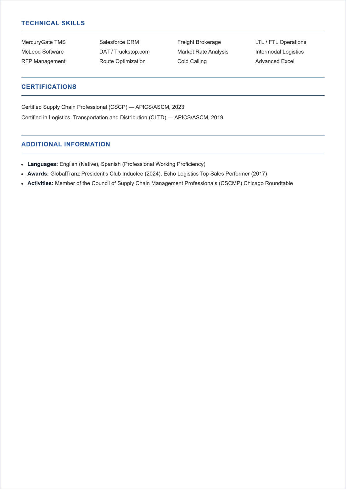 Free Logistics Account Executive ATS Resume Template