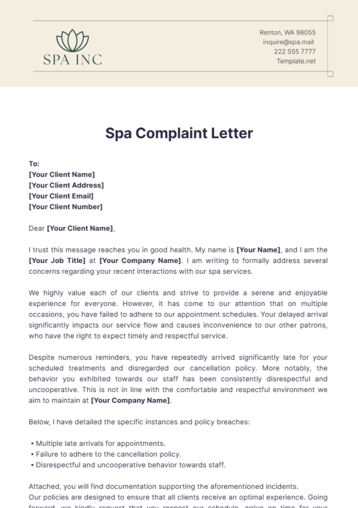 Spa Complaint Letter Template - Edit Online & Download