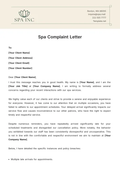 Free Spa Complaint Letter Template to Edit Online
