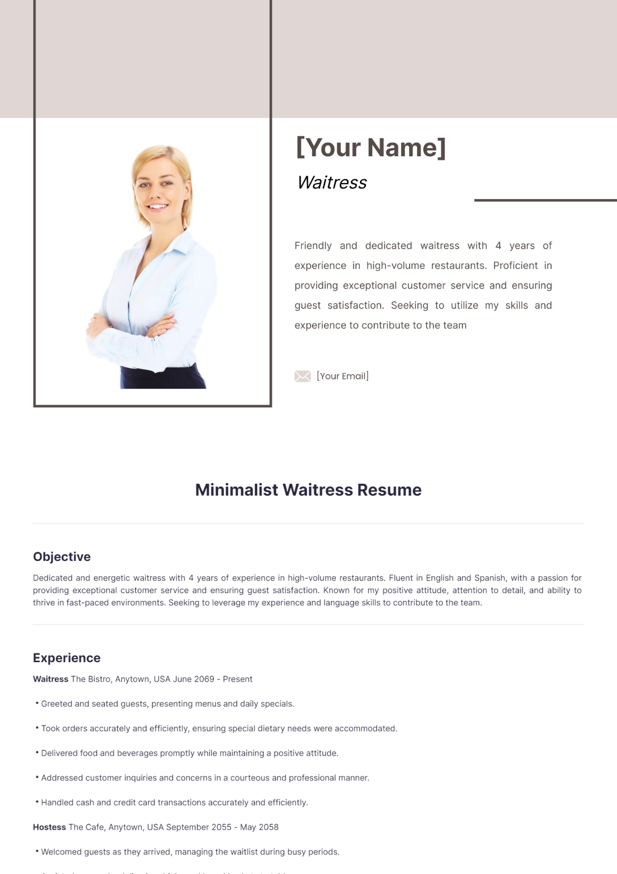 Minimalist Waitress Resume - Edit Online & Download