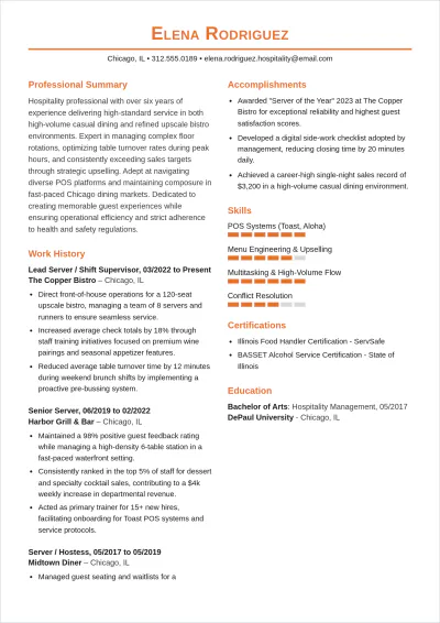 Free Minimalist Waitress ATS Resume Template, AI Resume Builder