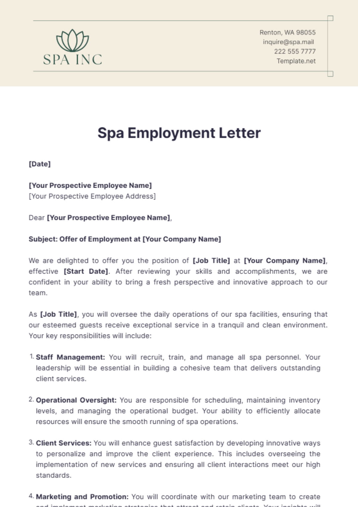 Spa Employment Letter Template - Edit Online & Download