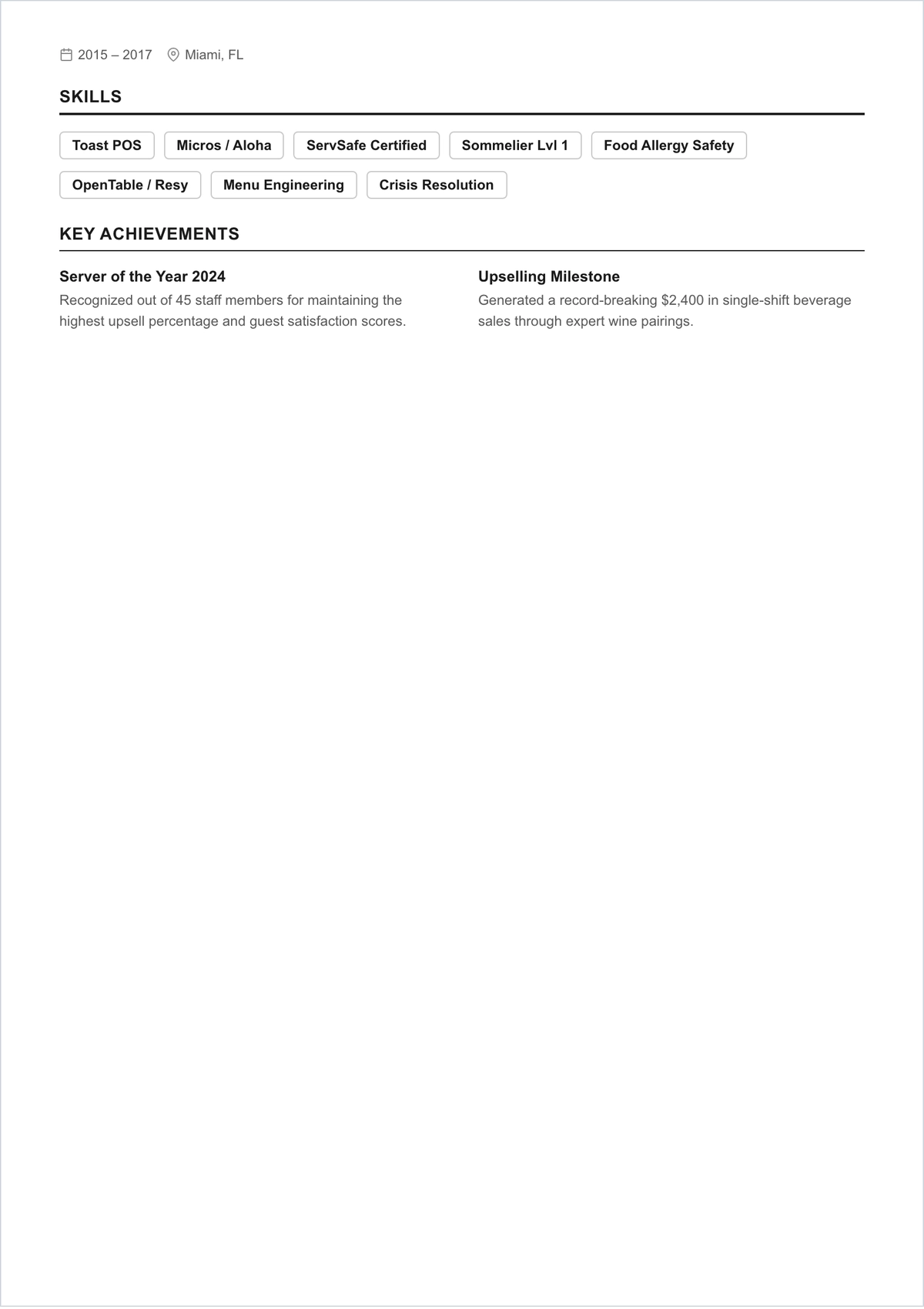 Free Chronological Waitress ATS Resume Template, AI Resume Builder