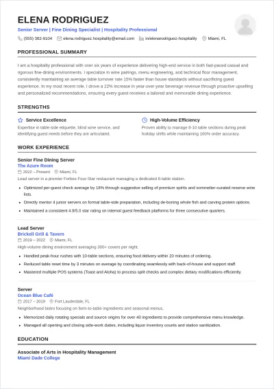 Free Chronological Waitress ATS Resume Template, AI Resume Builder