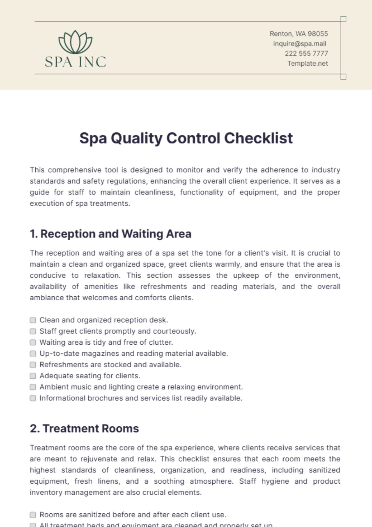 Spa Quality Control Checklist Template - Edit Online & Download