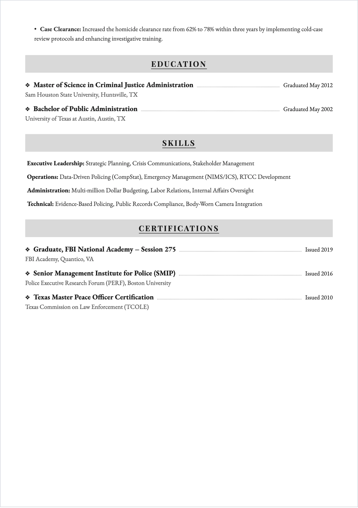 Free Law Enforcement Executive ATS Resume Template, AI Resume Builder