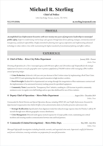 Free Law Enforcement Executive ATS Resume Template, AI Resume Builder