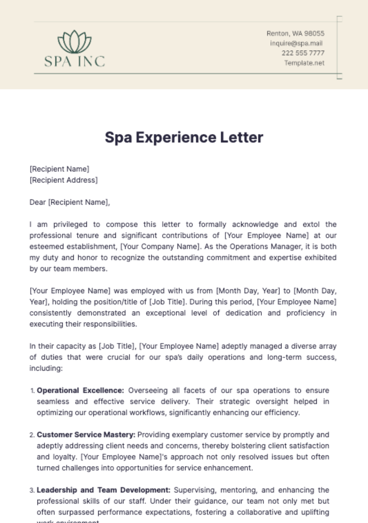 Spa Experience Letter Template - Edit Online & Download