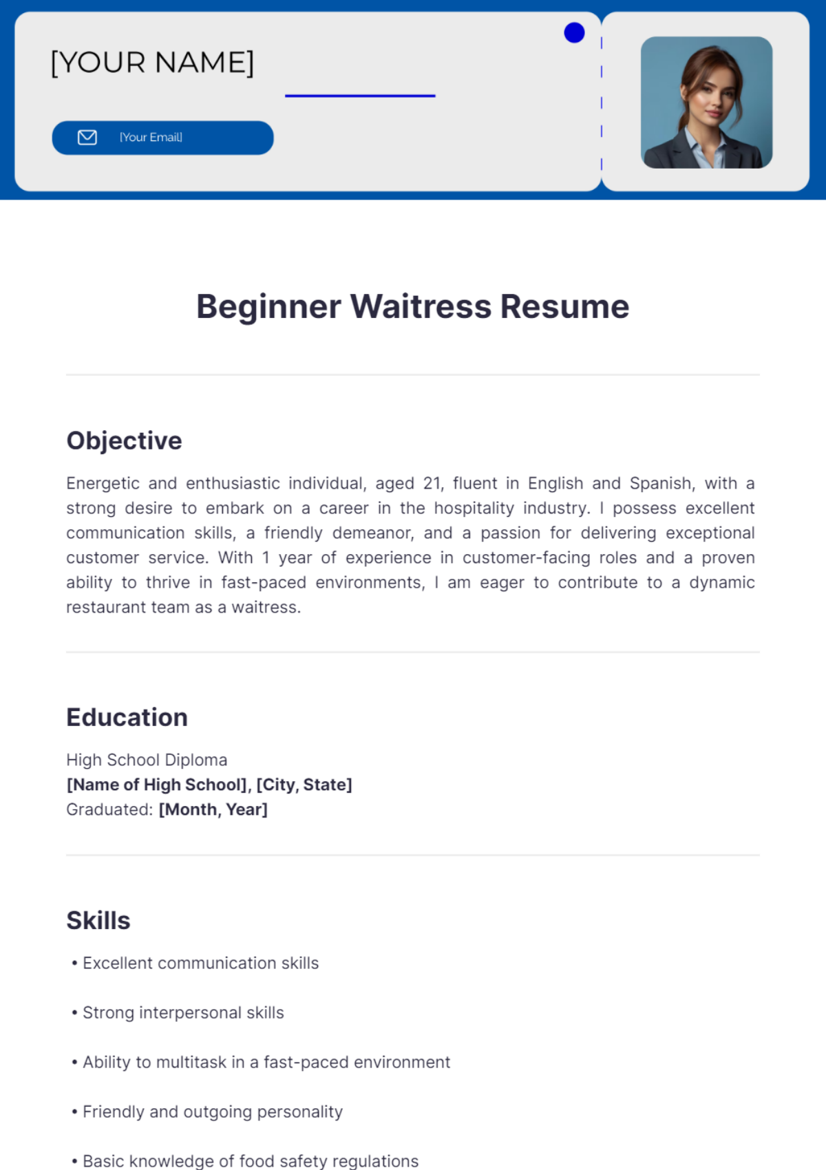 Beginner Waitress Resume - Edit Online & Download