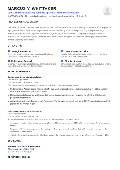 Free Lead Generation Executive ATS Resume Template, AI Resume Builder