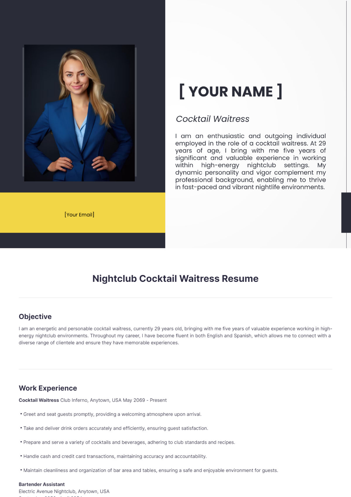 Nightclub Cocktail Waitress Resume - Edit Online & Download