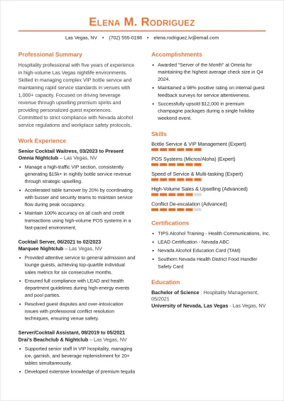 Free Nightclub Cocktail Waitress ATS Resume Template