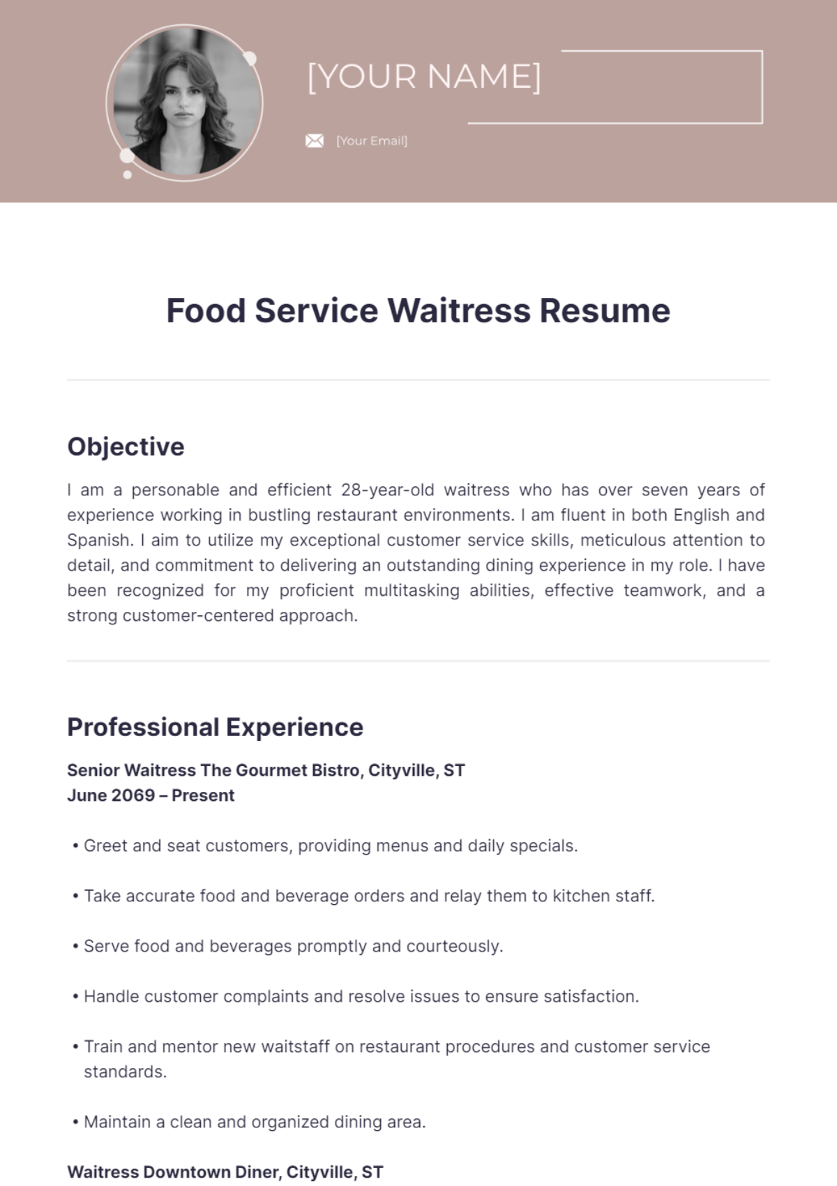 Food Service Waitress Resume - Edit Online & Download