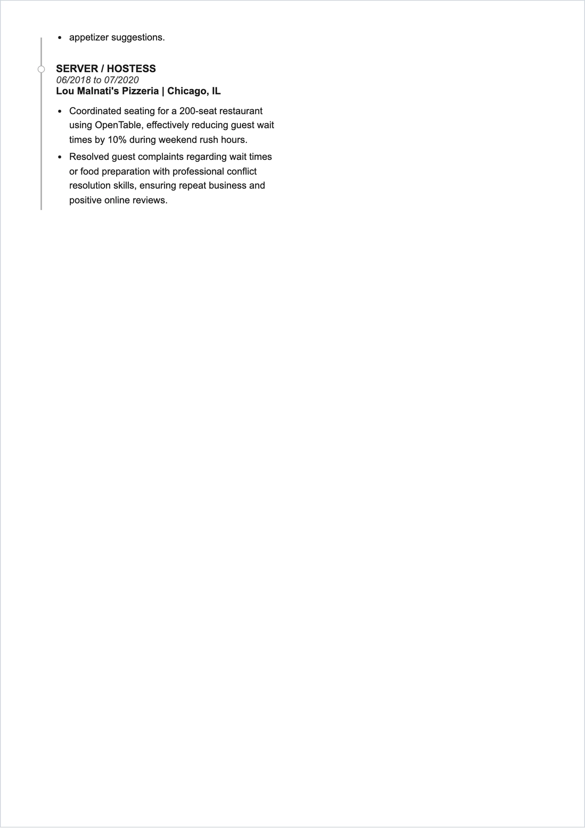 Free Food Service Waitress ATS Resume Template, AI Resume Builder