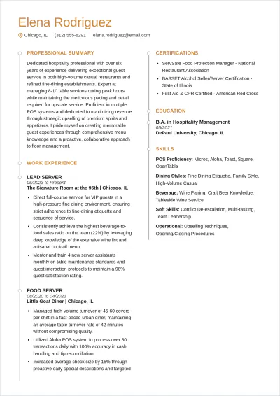 Free Food Service Waitress ATS Resume Template, AI Resume Builder