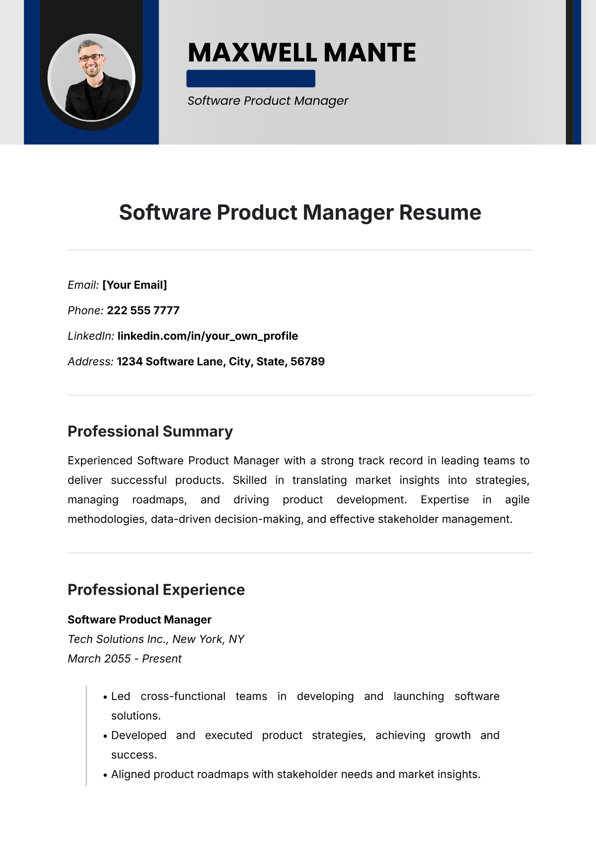 Software Product Manager Resume Template - Edit Online & Download