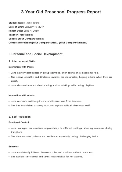 Free 3 Year Old Preschool Progress Report Template to Edit Online