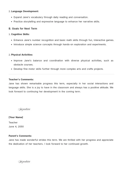 Free 3 Year Old Preschool Progress Report Template to Edit Online