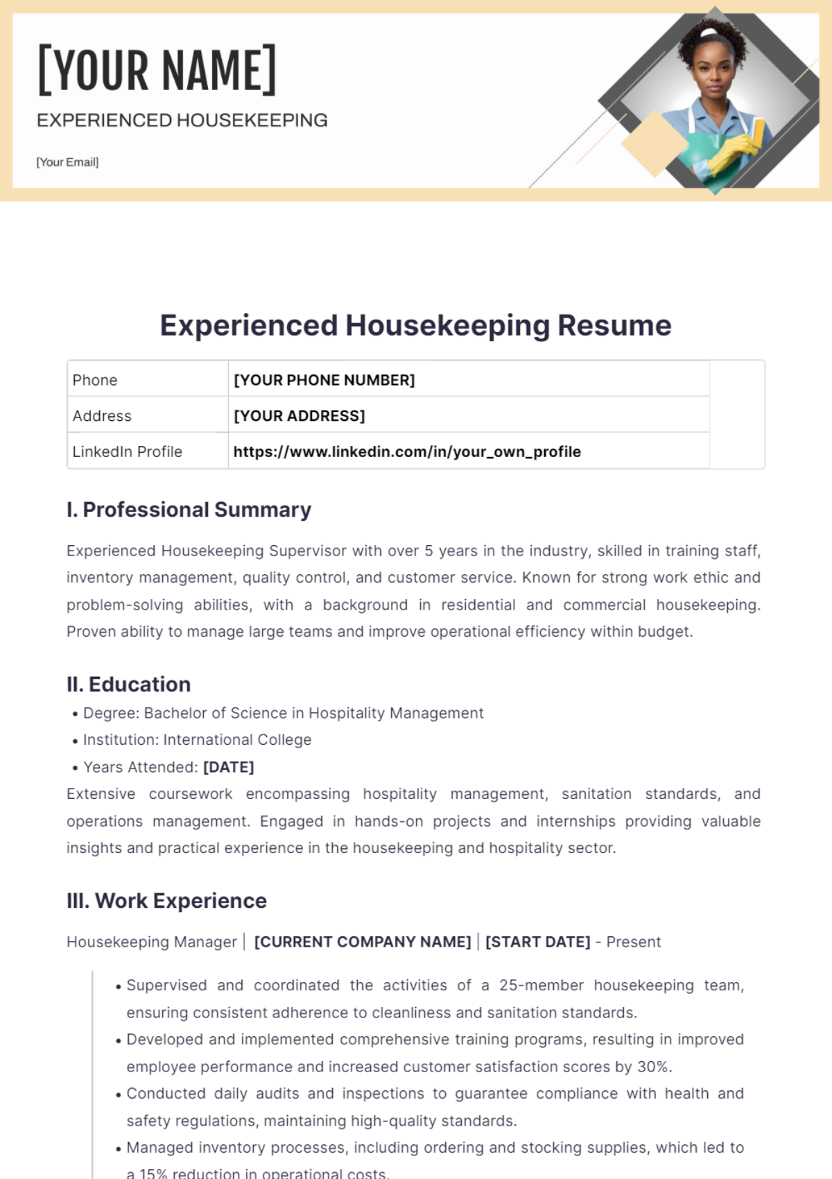 Experienced Housekeeping Resume - Edit Online & Download