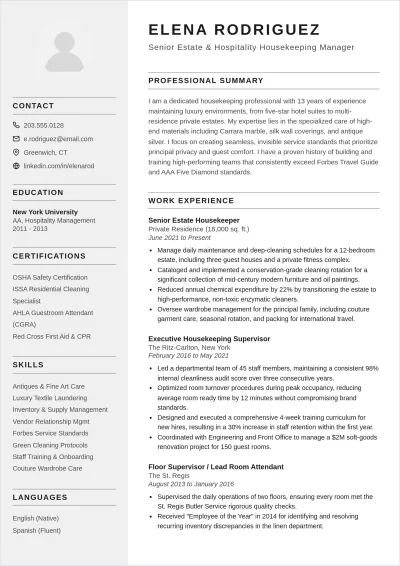 Free Experienced Format Housekeeper ATS Resume Template