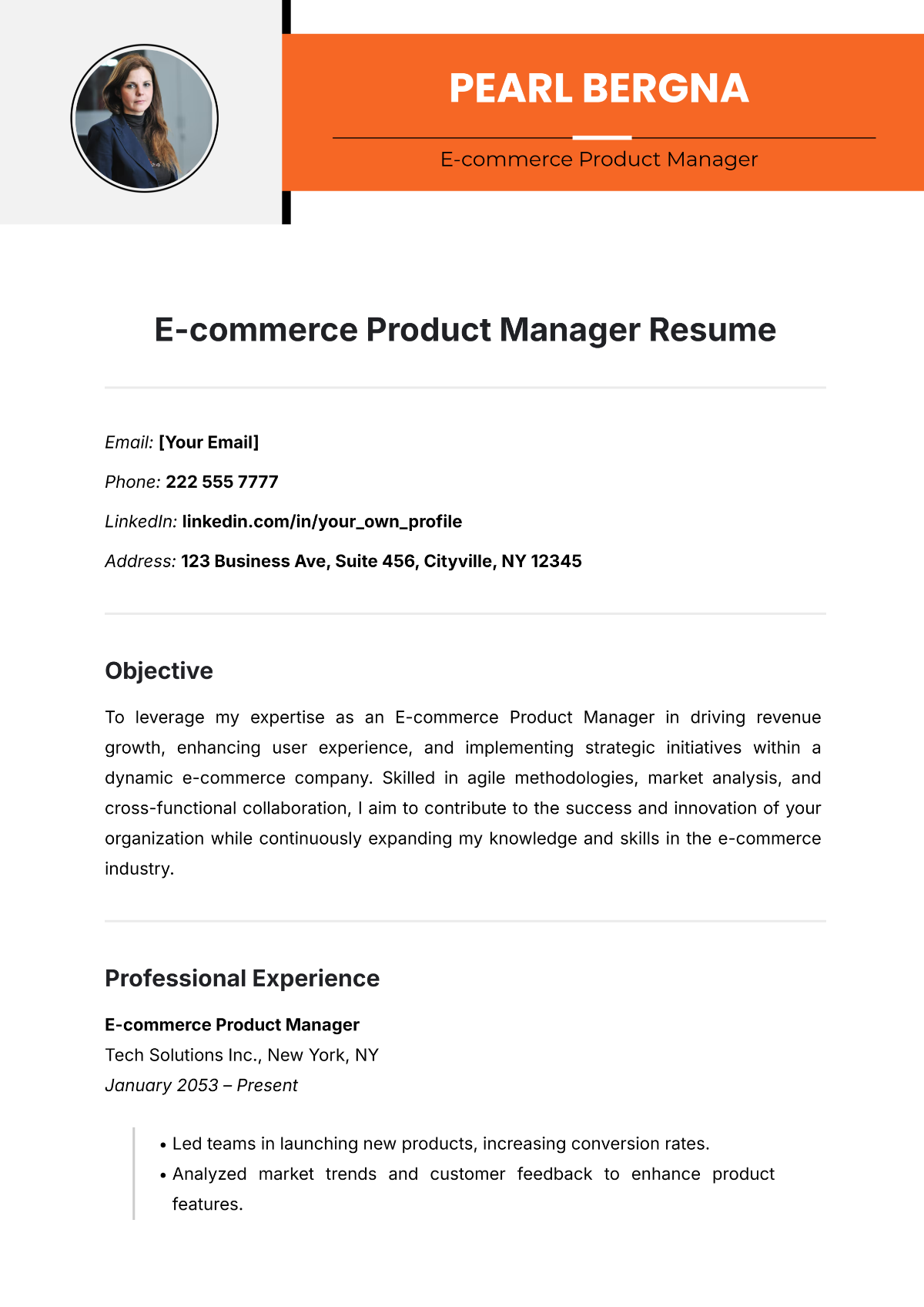 Ecommerce Product Manager Resume Template - Edit Online & Download