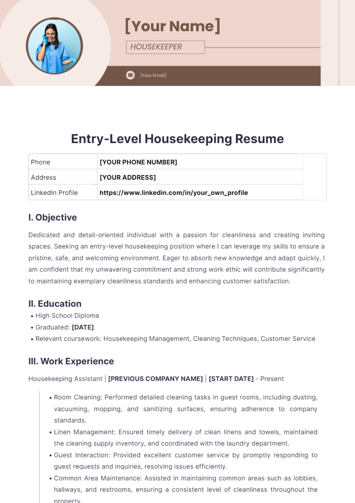 Entry-Level Housekeeping Resume - Edit Online & Download