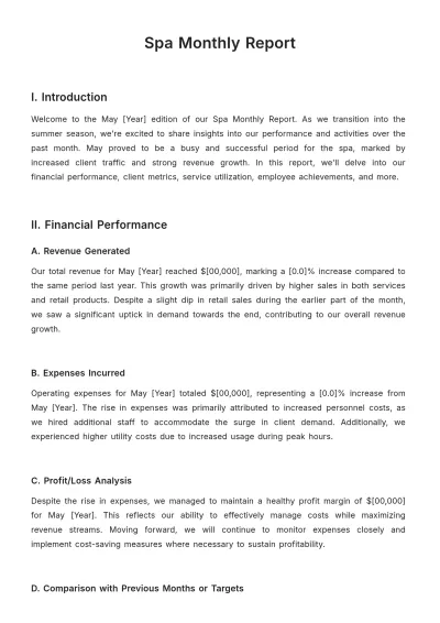 Free Spa Monthly Report Template to Edit Online