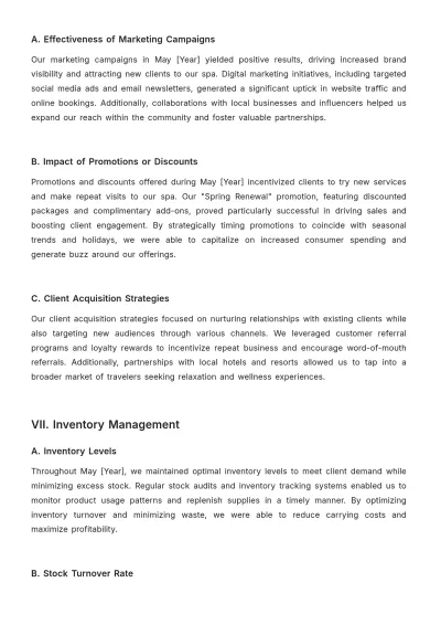 Free Spa Monthly Report Template to Edit Online