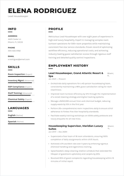 Free Housekeeping ATS Resume Template, AI Resume Builder