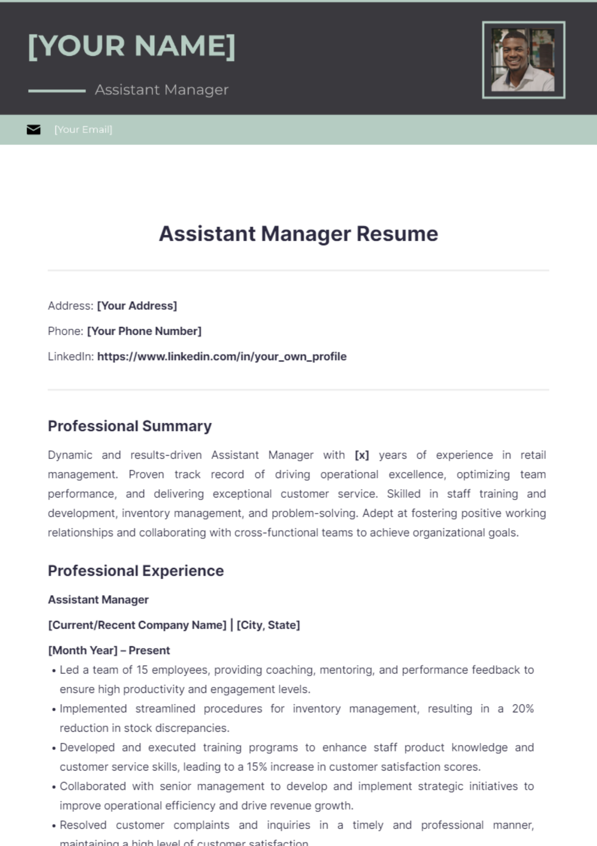 Assistant Manager Resume - Edit Online & Download