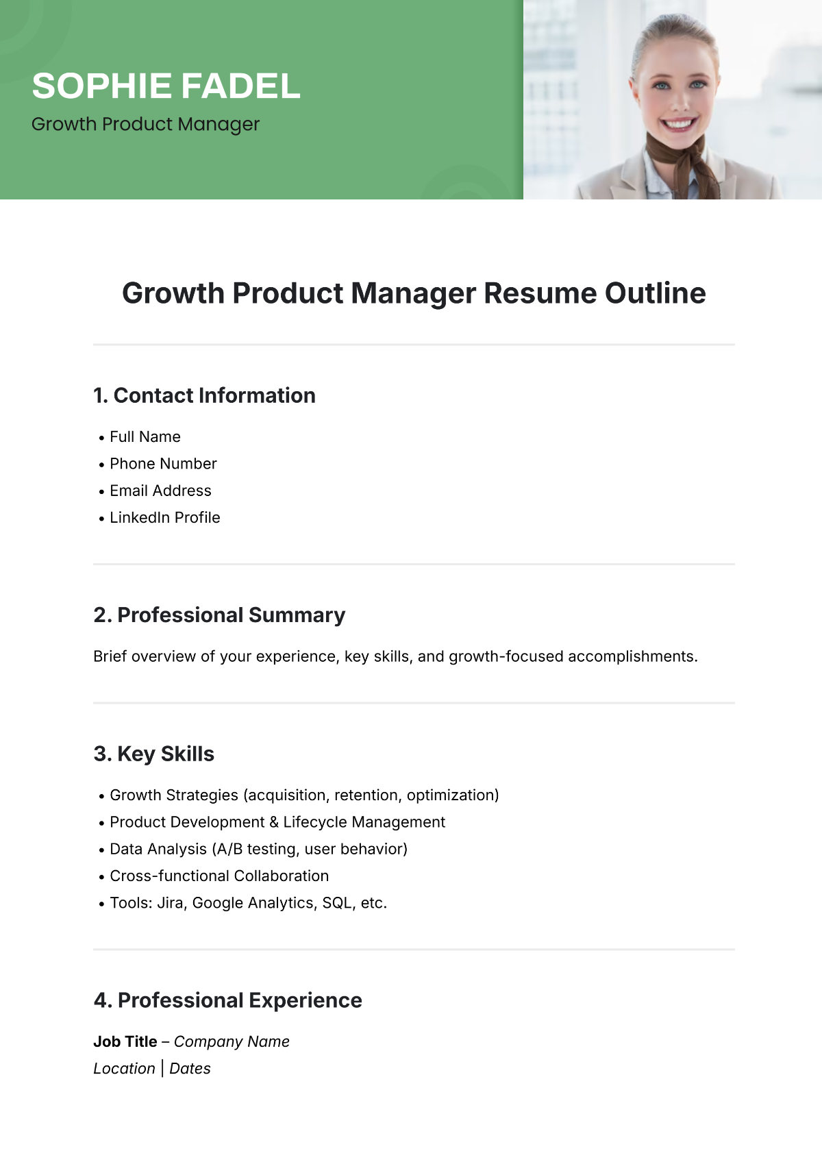 Growth Product Manager Resume Outline - Edit Online & Download