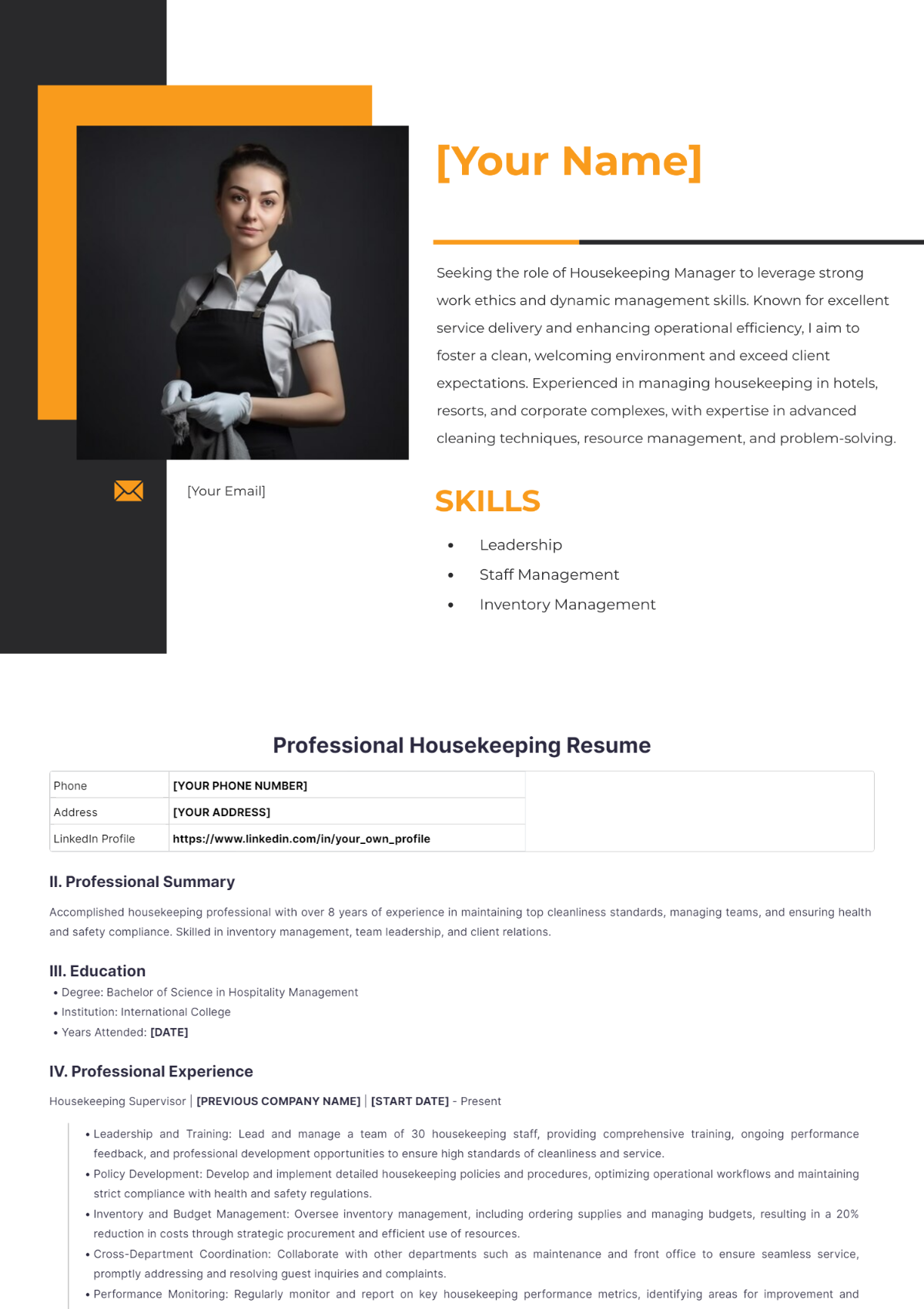 Professional Housekeeping Resume - Edit Online & Download