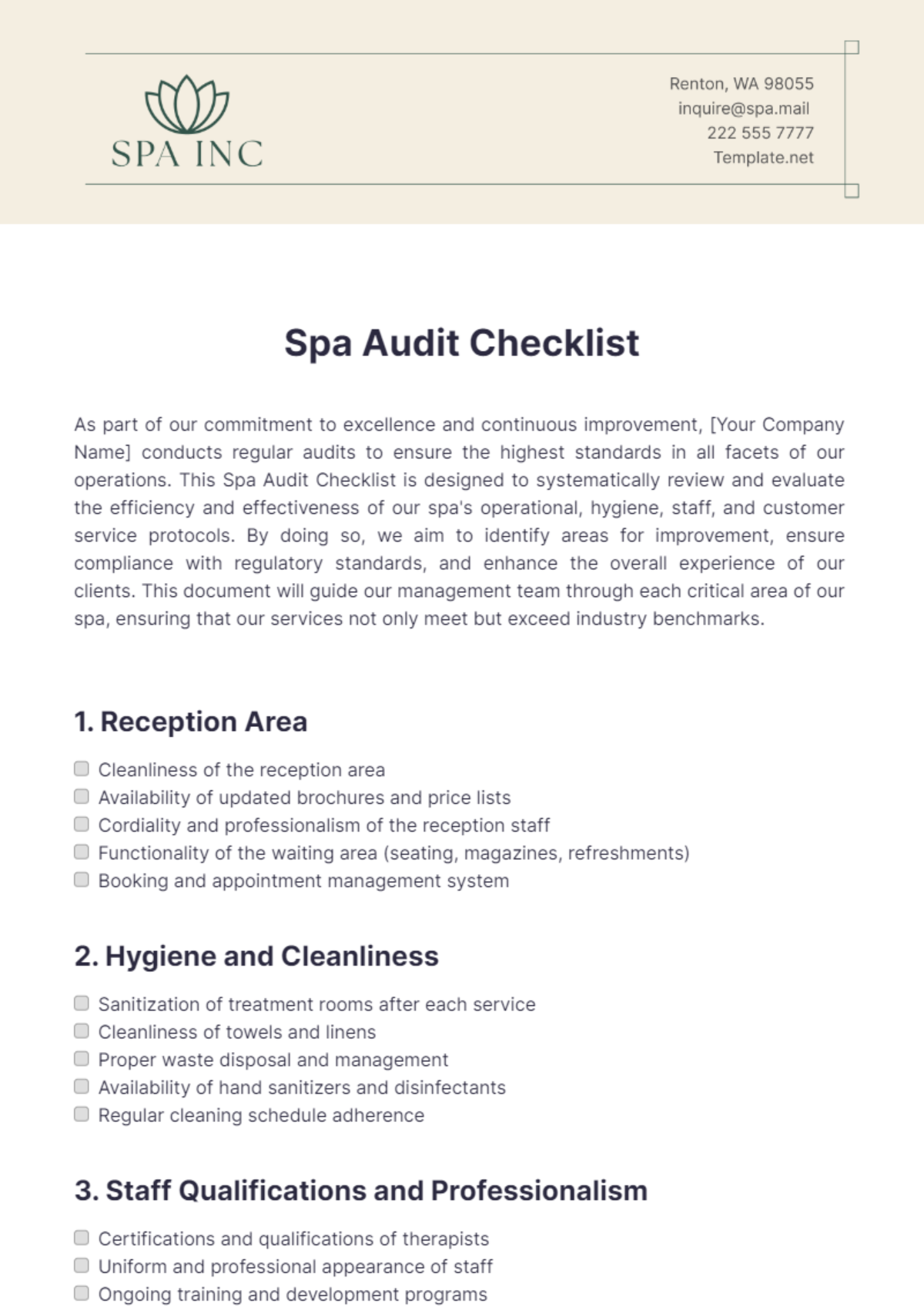 Spa Audit Checklist Template - Edit Online & Download