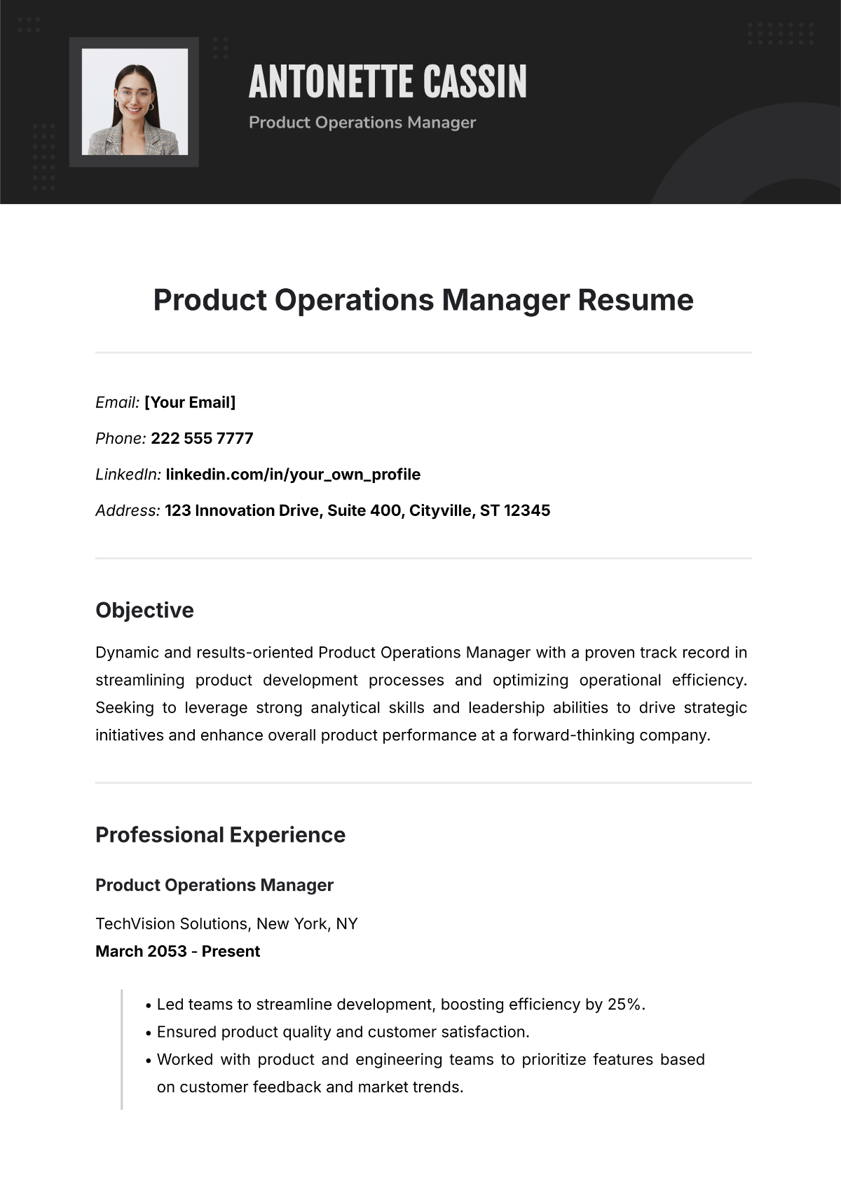 Product Operations Manager Resume Template - Edit Online & Download