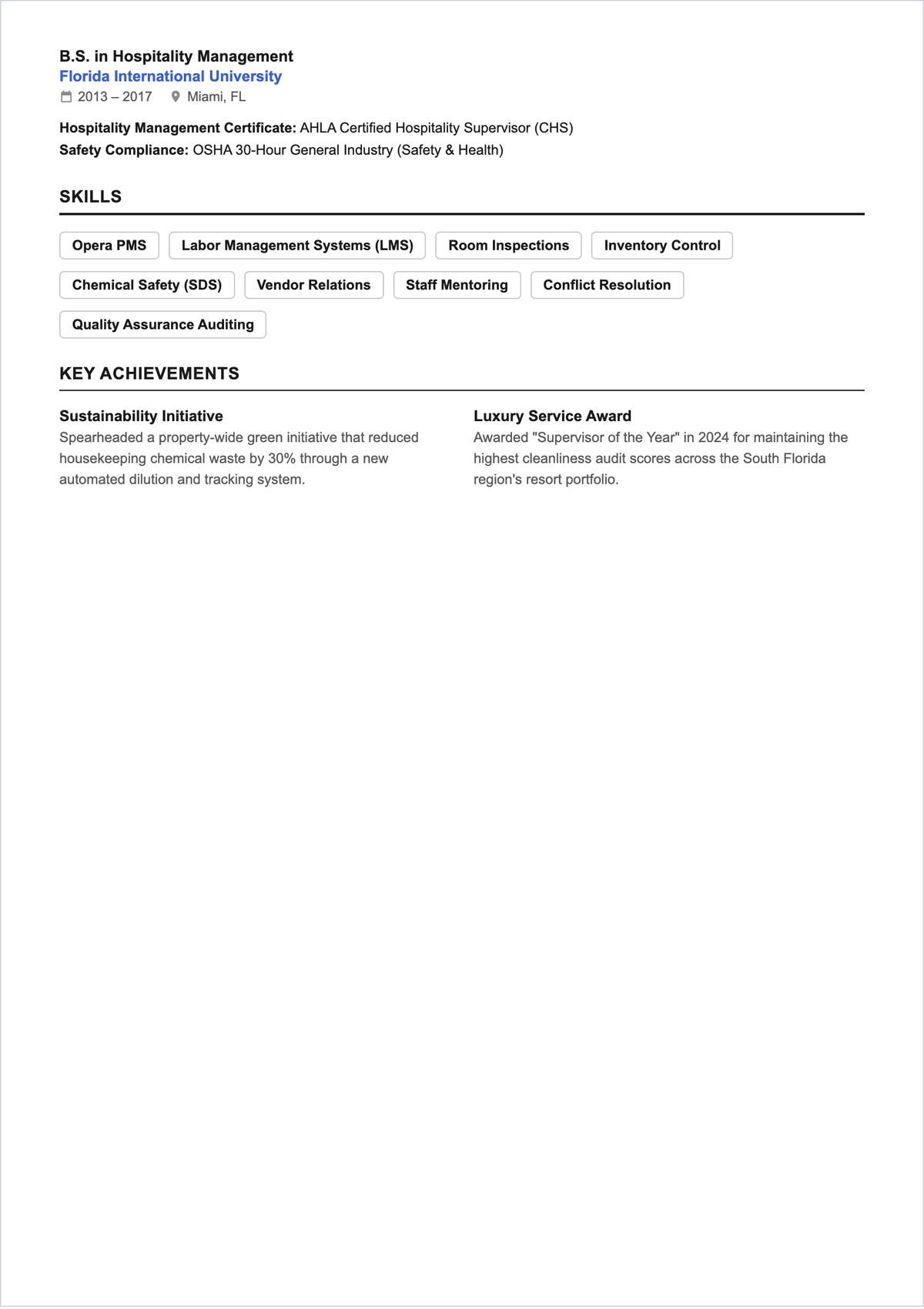 Free Housekeeping Supervisor ATS Resume Template, AI Resume Builder