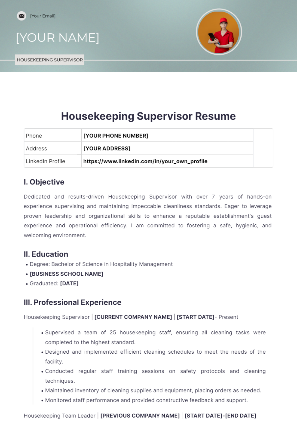 Housekeeping Supervisor Resume - Edit Online & Download