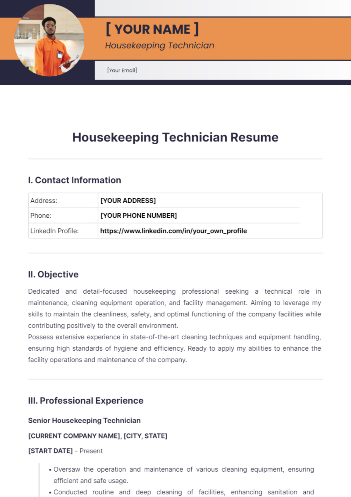 Housekeeping Technician Resume - Edit Online & Download