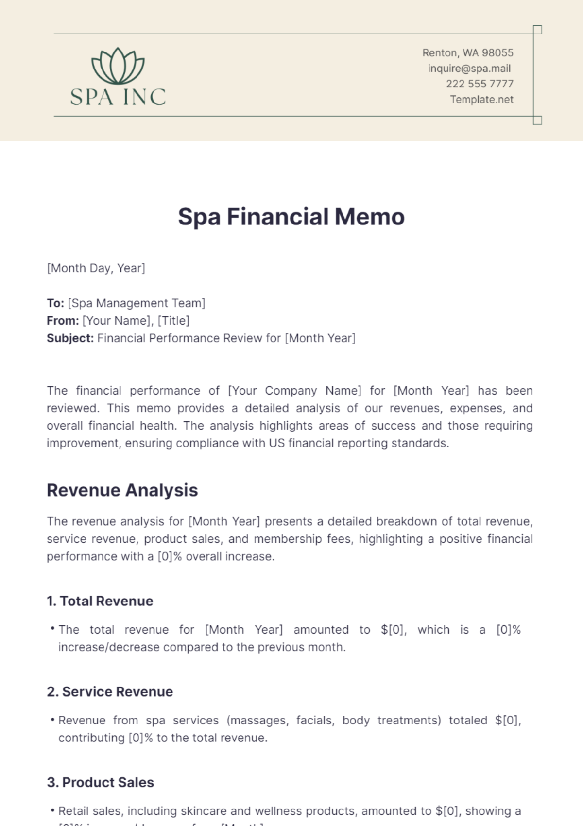 Spa Financial Memo Template - Edit Online & Download