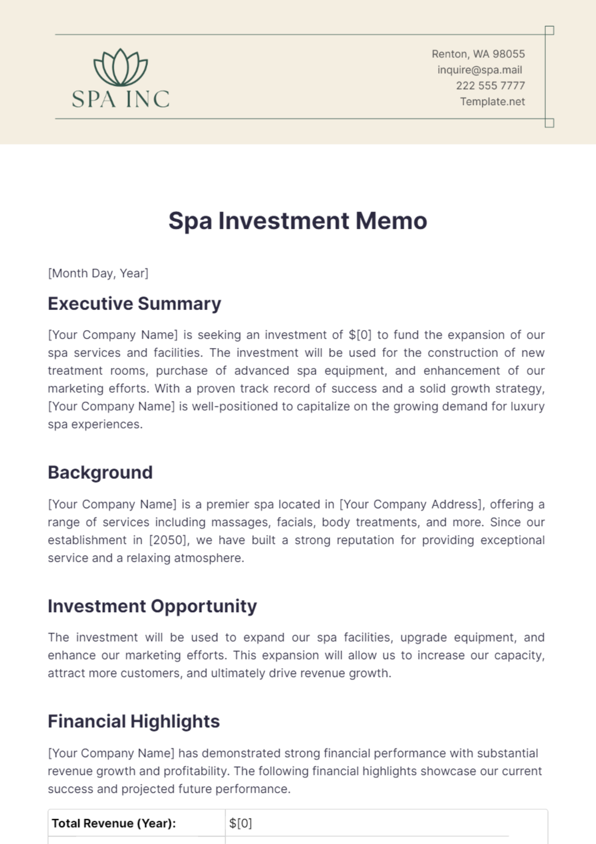 Spa Investment Memo Template - Edit Online & Download