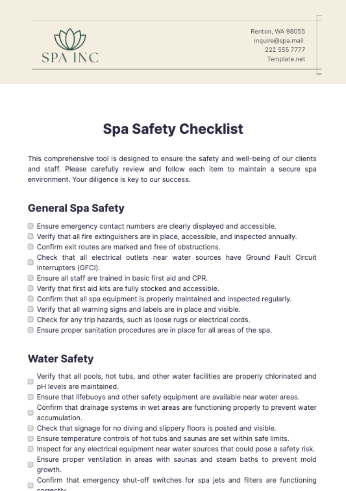 Spa Safety Checklist Template - Edit Online & Download